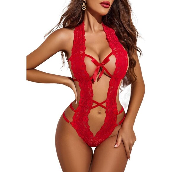 Comfortable Red Deep V Halter Lace Bodysuit - Adjustable for Perfect Fit - Picture 1 of 5